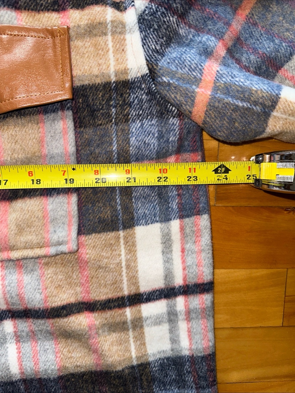 easel Brown Faux Leather Trim Plaid Jacket with Blue and Pink Accents - Picture 7 of 10